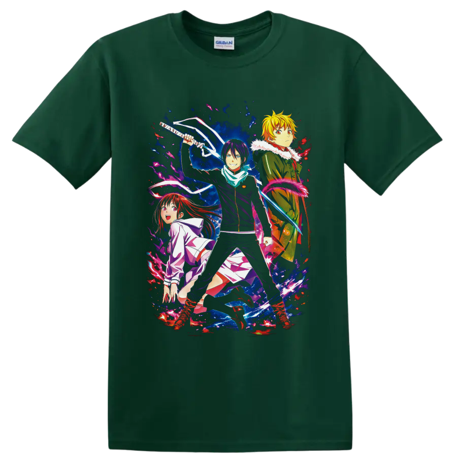 Yato, Hiyori Iki and Yukine in vivid Noragami cosmic action artwork on a Forest Green T Shirt