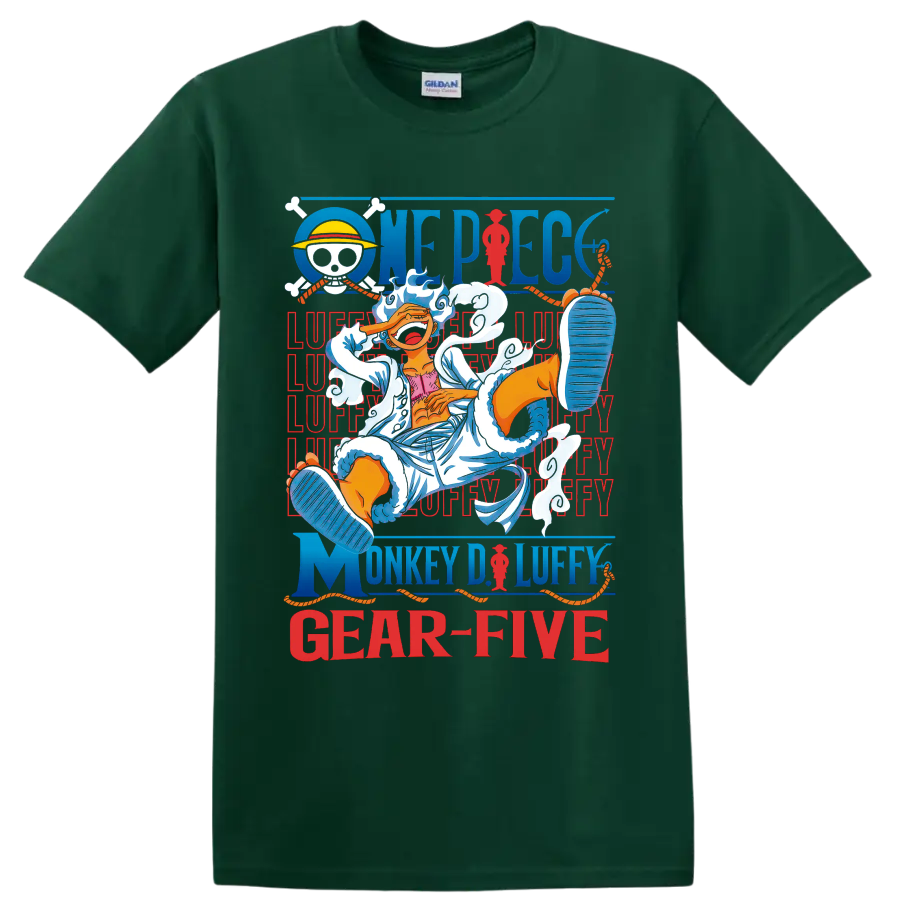 Monkey D. Luffy Gear 5 anime art with clouds, pirate emblem, ropes, and One Piece on a Forest Green T Shirt