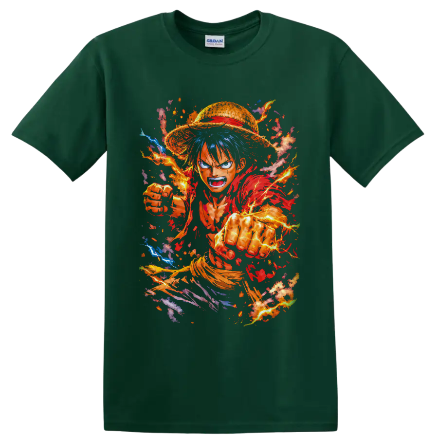 Monkey D. Luffy Gear 5 punching through fiery lightning in dynamic manga art on a Forest Green T Shirt