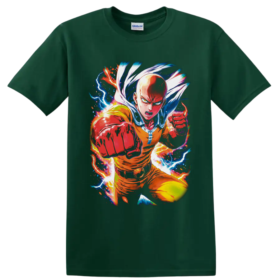 Saitama charging with a punch amid colorful lightning in manga-style action art on a Forest Green T Shirt