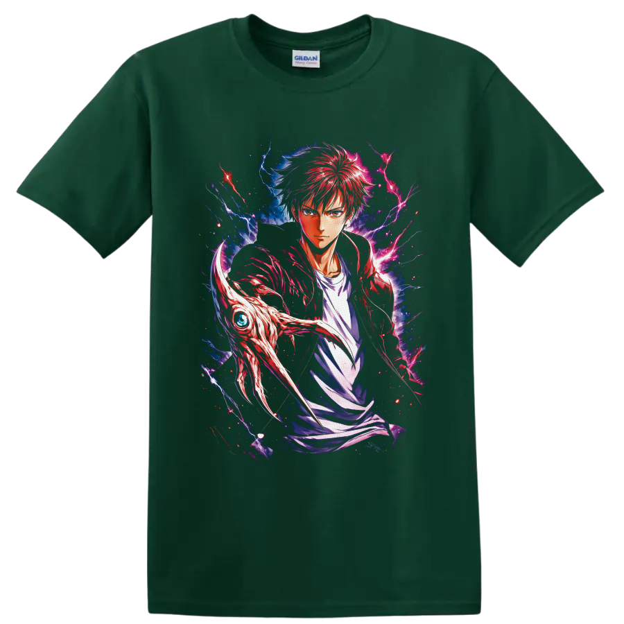 Baku Madarame Usogui manga-style portrait with red hair, lightning, and creature head on a Forest Green T Shirt