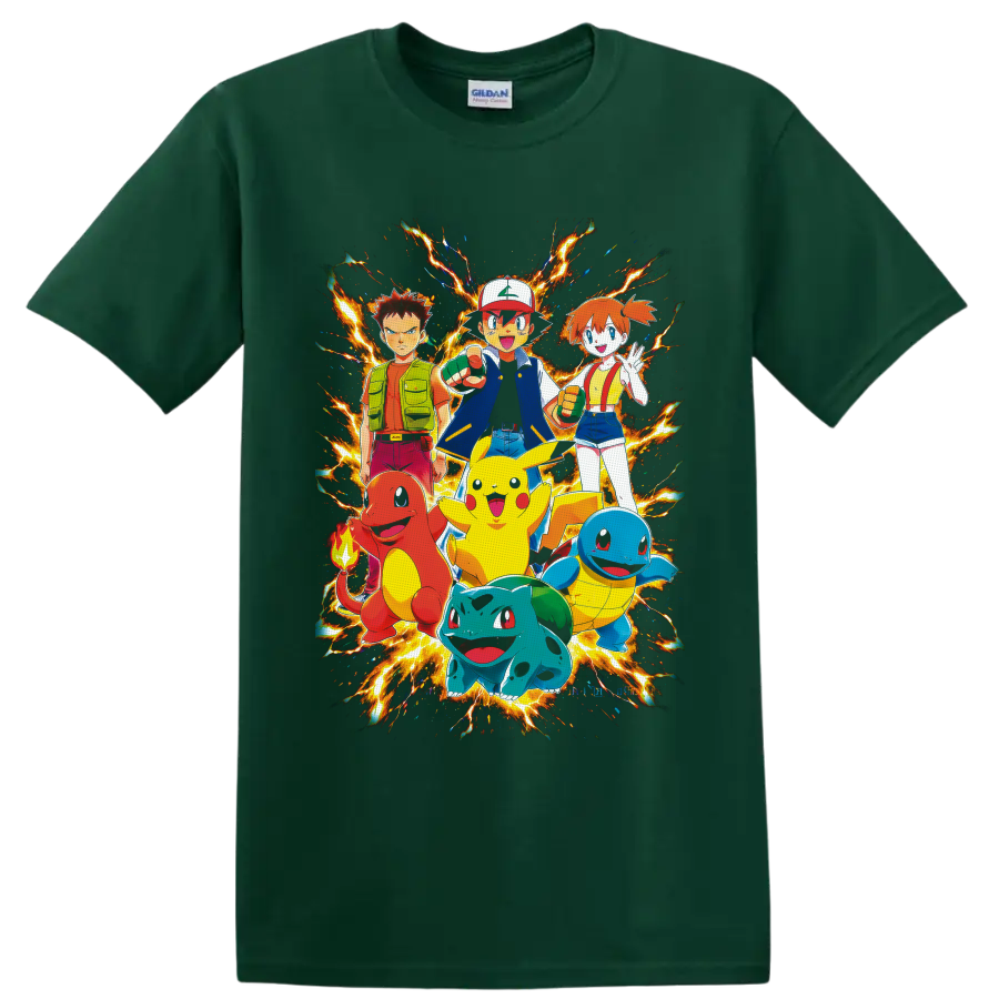 Ash Ketchum, Pikachu, Brock, Misty and starter Pokémon in fiery anime group art on a Forest Green T Shirt