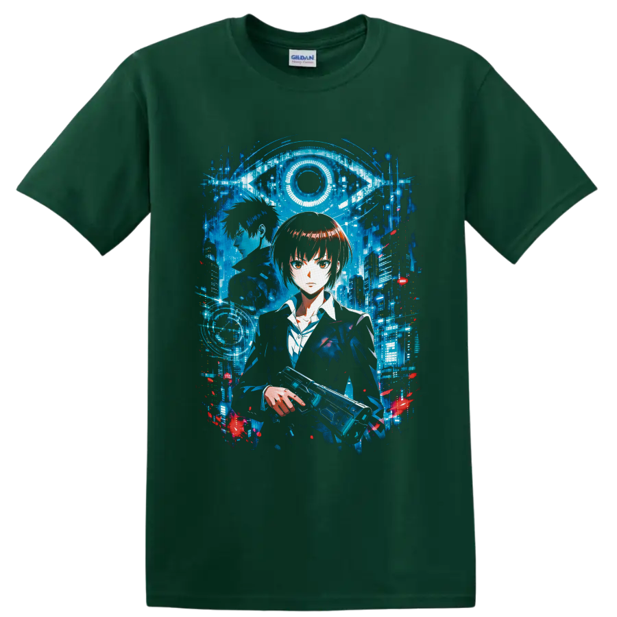 Akane Tsunemori and Shinya Kogami in a cyberpunk city beneath a digital eye on a Forest Green T Shirt