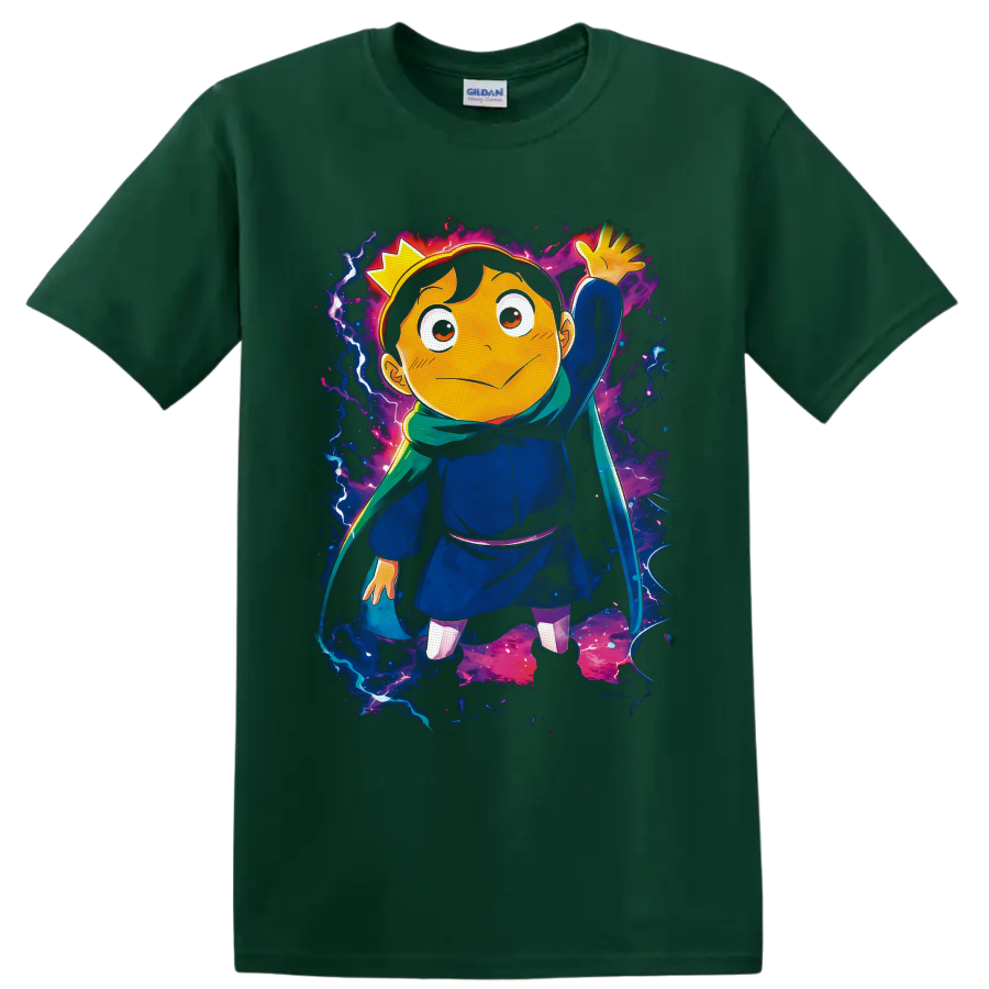 Bojji with crown, sword, and green scarf in cosmic anime fantasy art on a Forest Green T Shirt