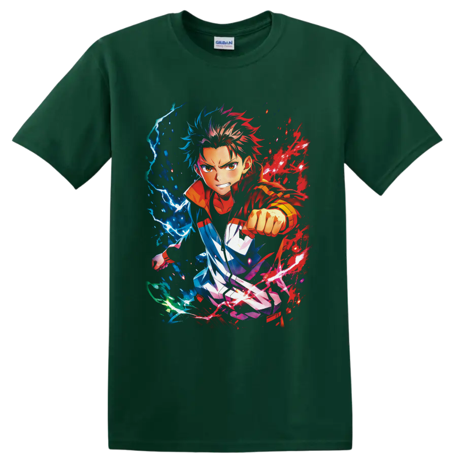 Yuji Itadori anime action art with red energy splashes and blue lightning on a Forest Green T Shirt
