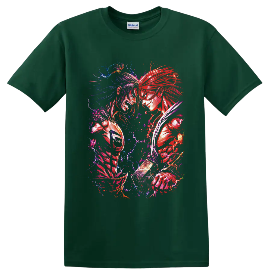 Thor vs Lu Bu anime battle art with red and blue lightning and glowing hammer on a Forest Green T Shirt