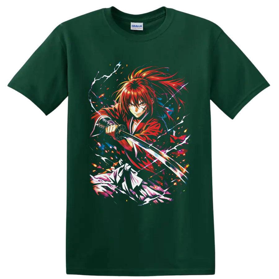 Himura Kenshin anime swordfighter graphic with red robes, sparks, and lightning on a Forest Green T Shirt