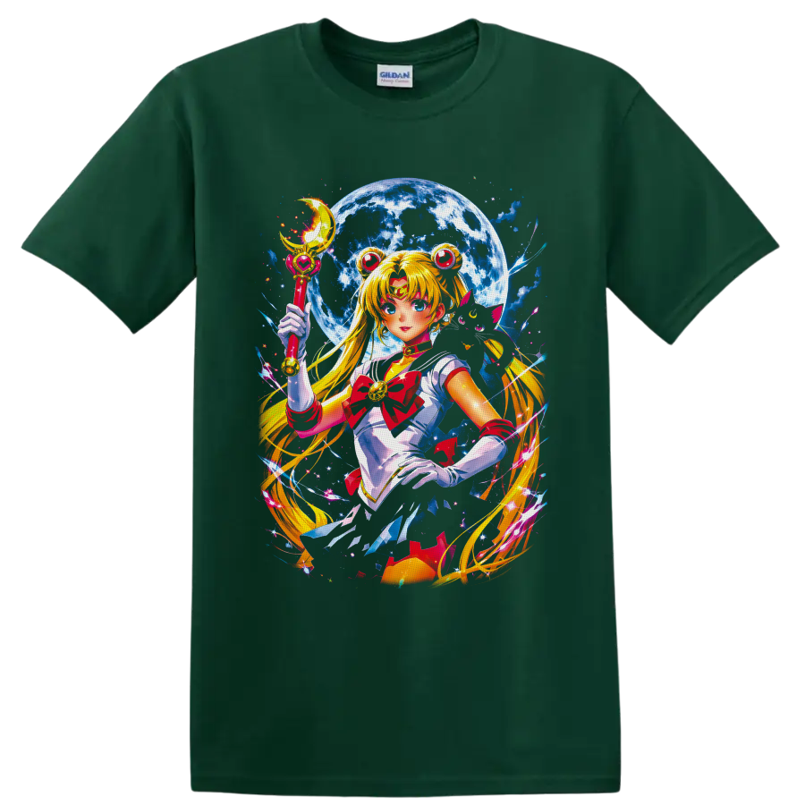 Usagi Tsukino Sailor Moon anime art with crescent wand, full moon, and stars on a Forest Green T Shirt