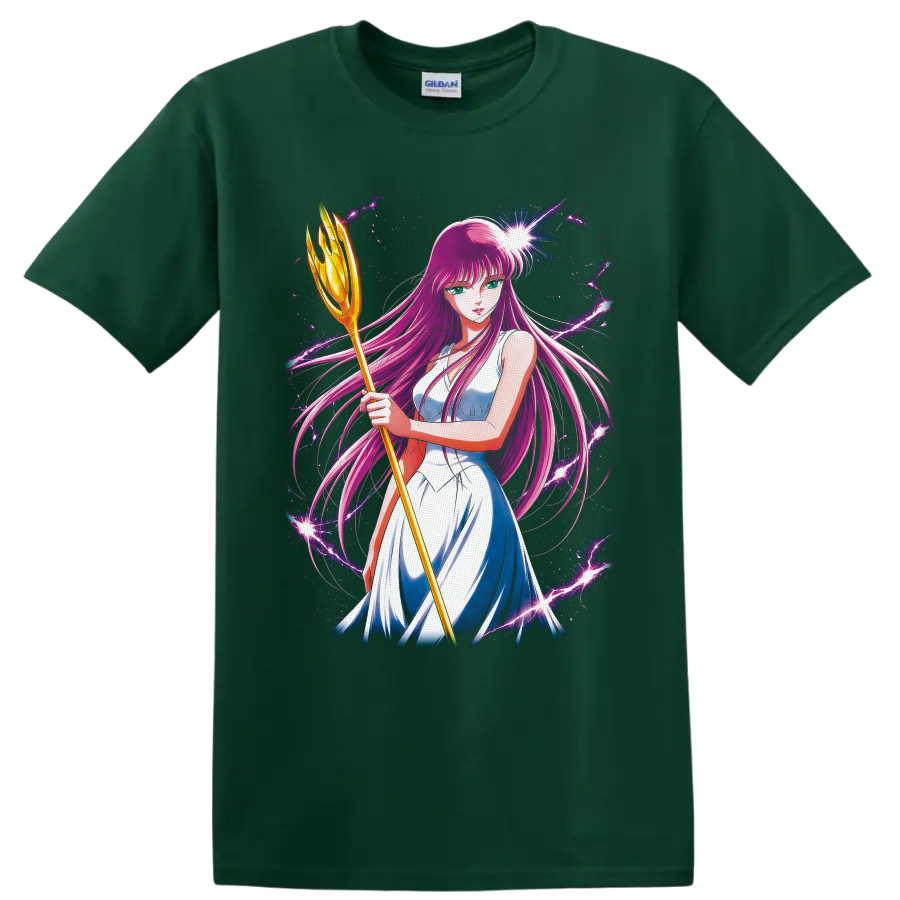 Saori Kido as Athena with golden staff amid cosmic purple lightning on a Forest Green T Shirt