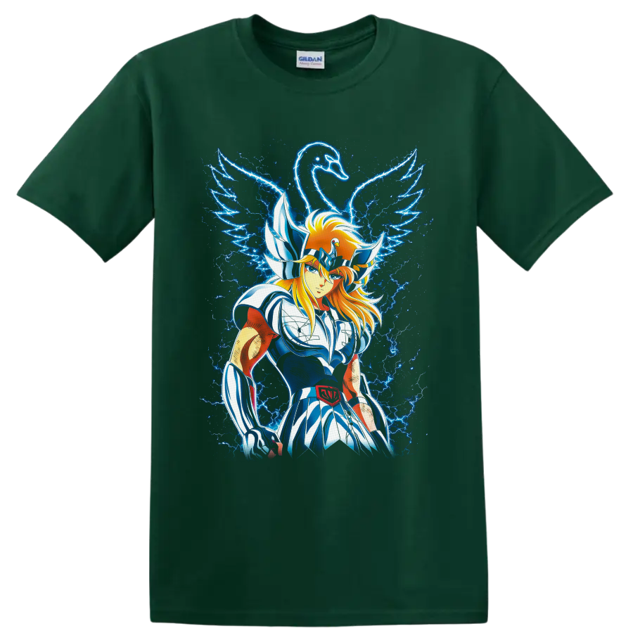 Cygnus Hyoga in swan armor with a glowing swan and electric blue lightning on a Forest Green T Shirt