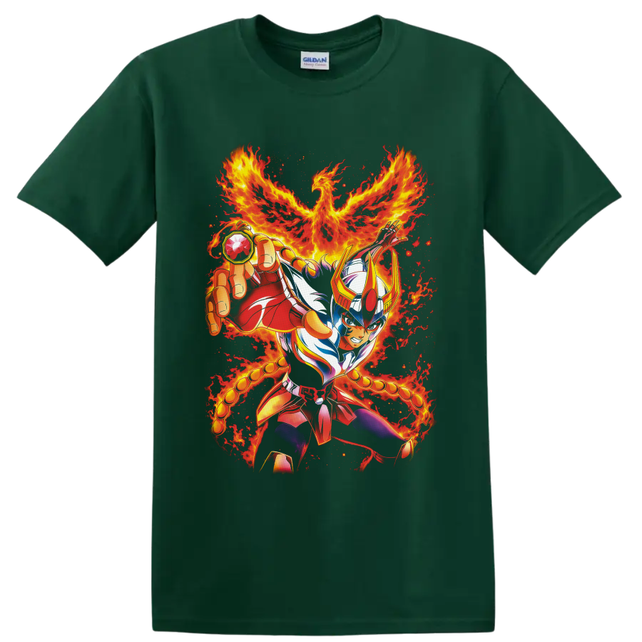 Phoenix Ikki armored warrior with a blazing fire phoenix in vivid anime art on a Forest Green T Shirt