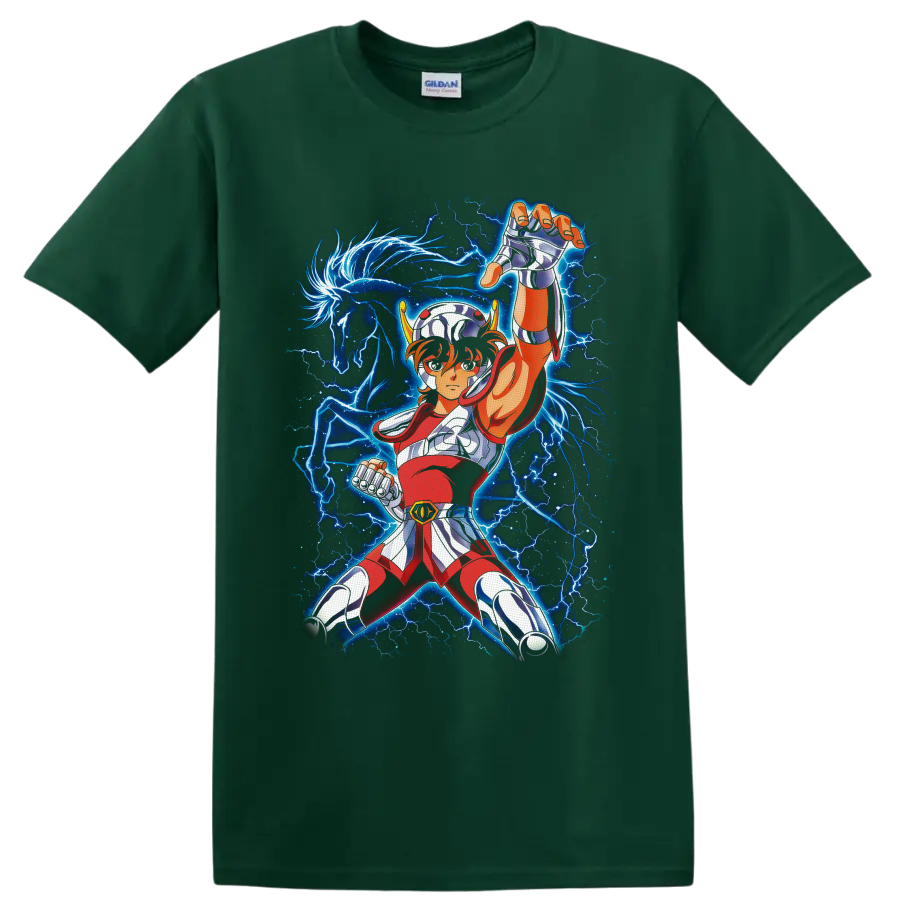 Pegasus Seiya in silver armor with blue lightning and glowing winged horse artwork on a Forest Green T Shirt