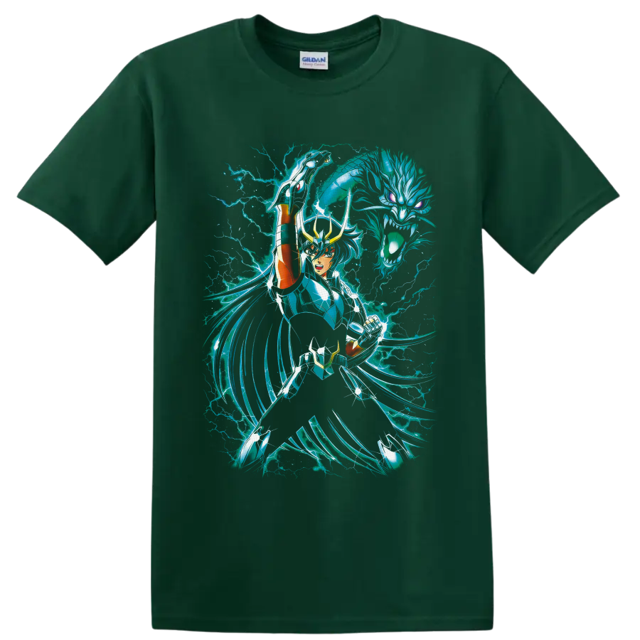 Dragon Shiryu in teal armor with spectral dragon and cyan lightning on a Forest Green T Shirt