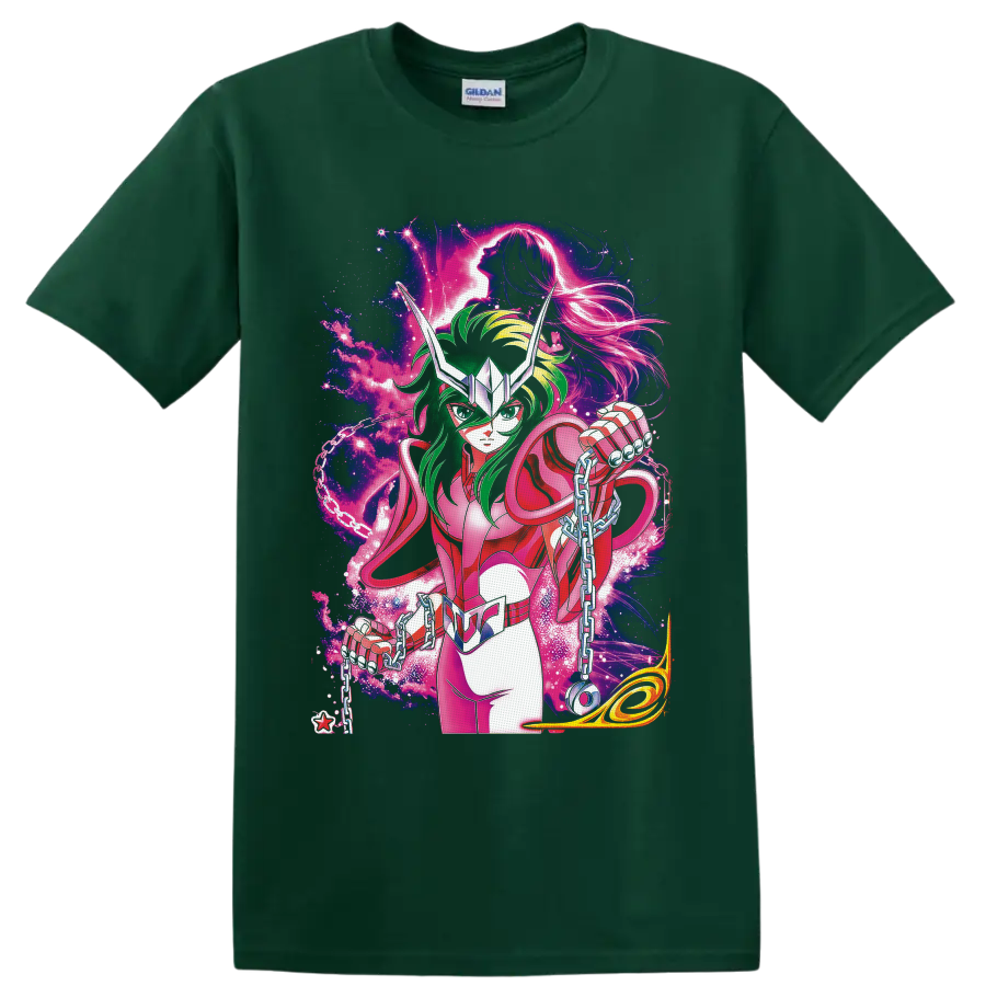 Andromeda Shun in pink armor with chains amid neon cosmic anime art on a Forest Green T Shirt