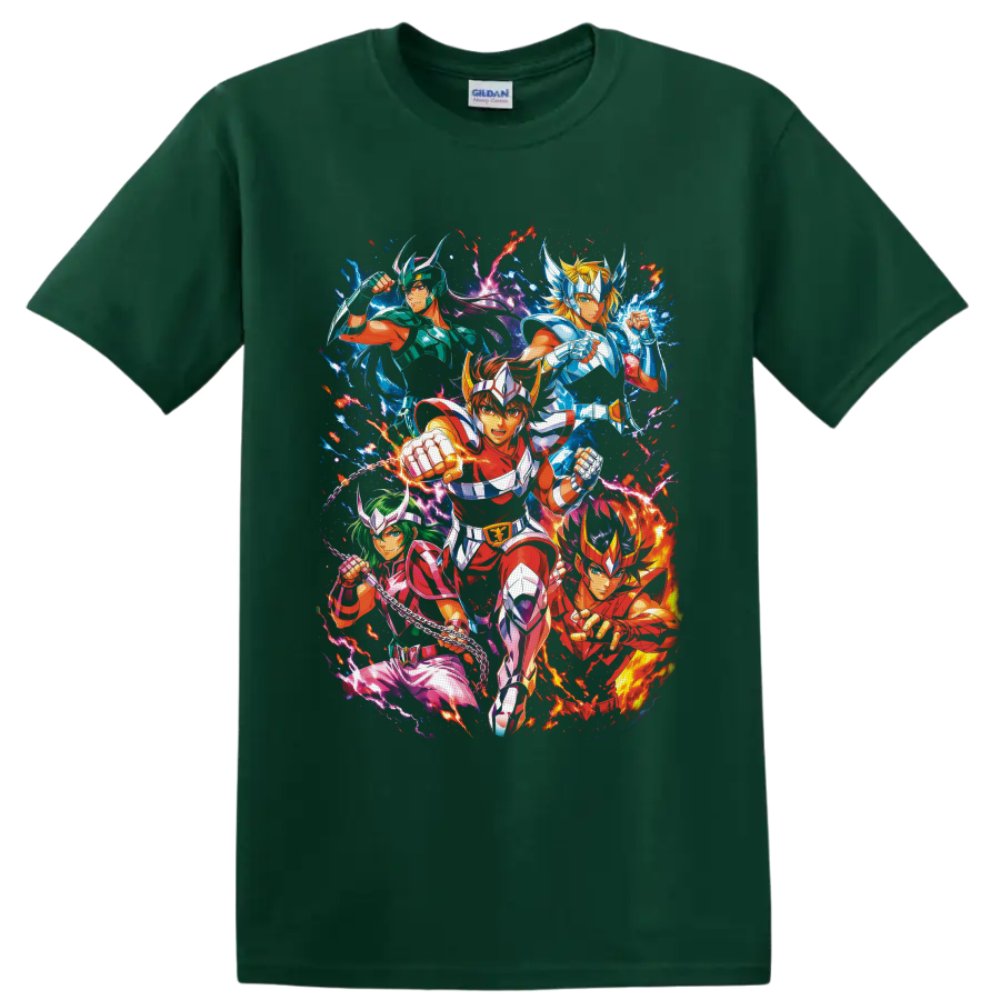Pegasus Seiya and Bronze Saints in vibrant cosmic anime battle artwork on a Forest Green T Shirt