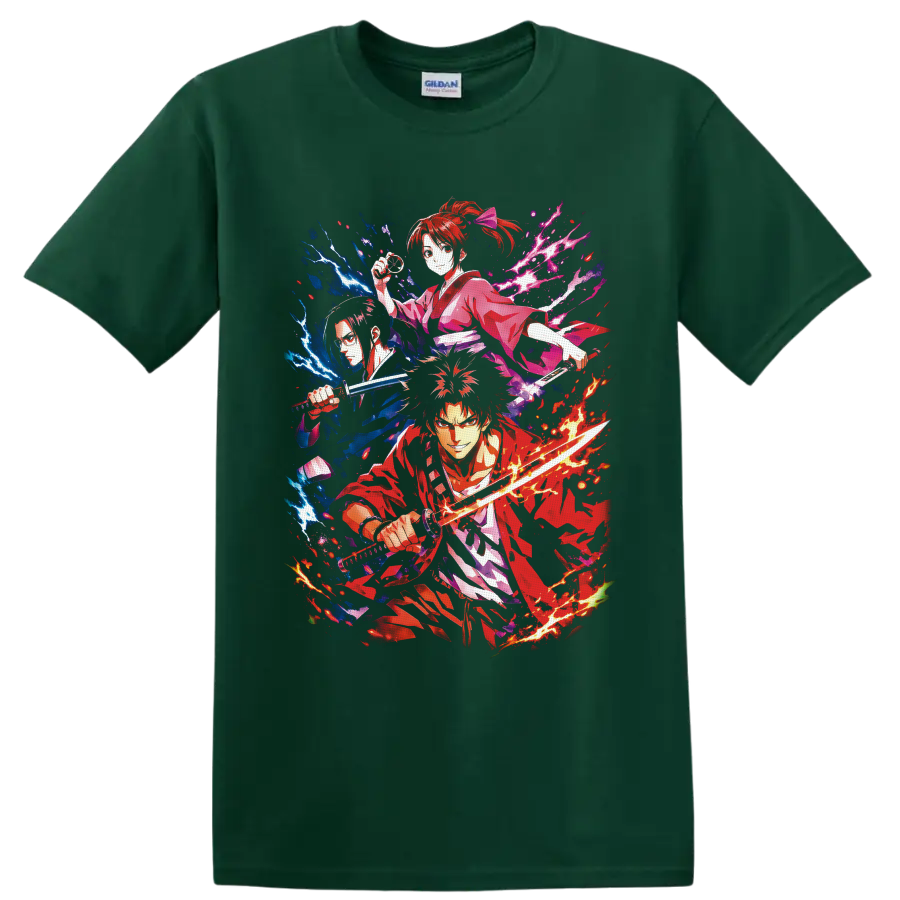 Gintoki Sakata anime sword fighter graphic with lightning, flames, and petals on a Forest Green T Shirt