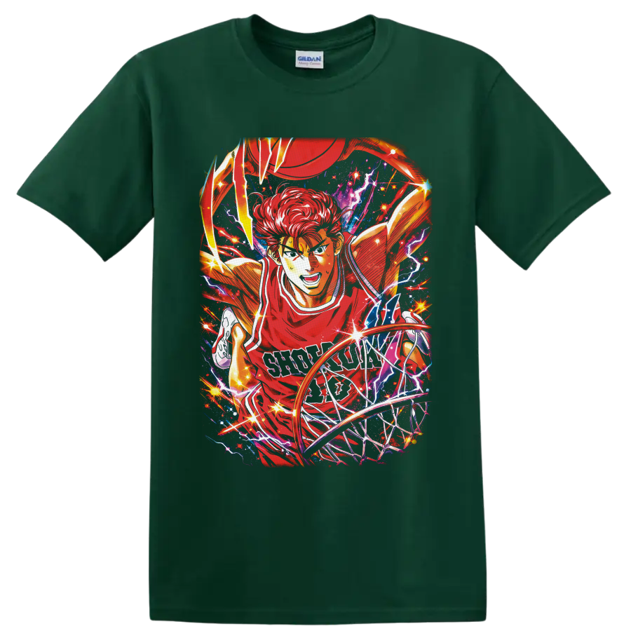 Hanamichi Sakuragi basketball anime art driving to the hoop with lightning and stars on a Forest Green T Shirt