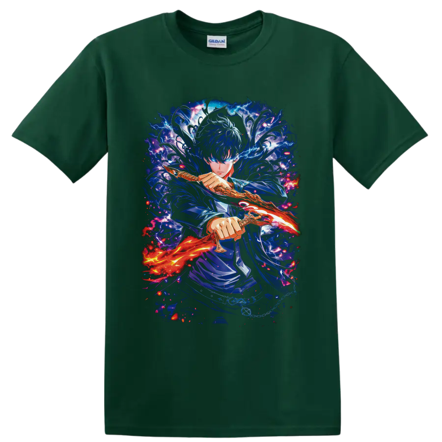 Sung Jin-Woo Solo Leveling anime warrior with glowing sword and blue lightning on a Forest Green T Shirt