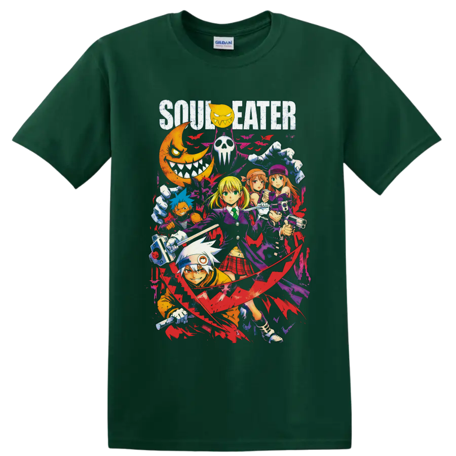 Soul Eater Maka Albarn and character collage with bats, scythe, moon, and gothic splatter on a Forest Green T Shirt
