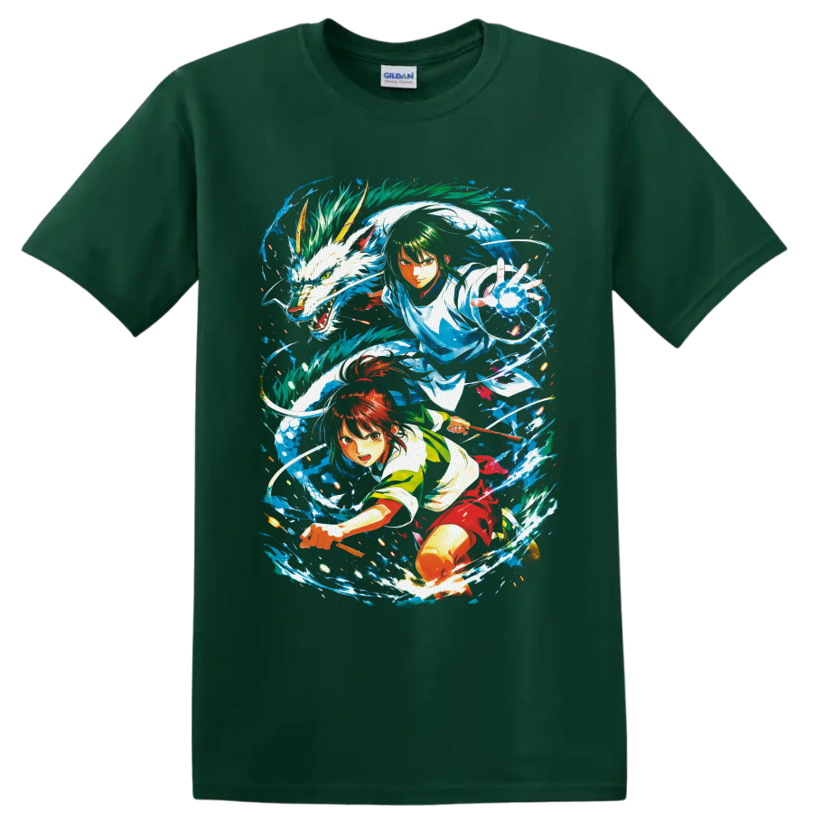 Shin and Lu Xiaotang anime crossover with white dragon and swirling blue water on a Forest Green T Shirt