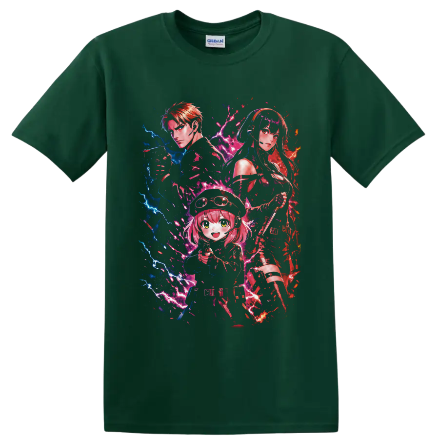 Spy x Family Loid, Yor, and Anya anime art with neon lightning and colorful splashes on a Forest Green T Shirt