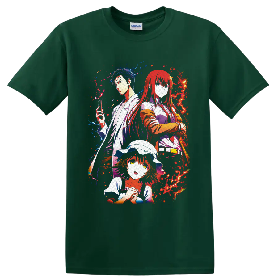 Steins;Gate Rintaro, Kurisu, and Mayuri anime art with red and blue energy on a Forest Green T Shirt