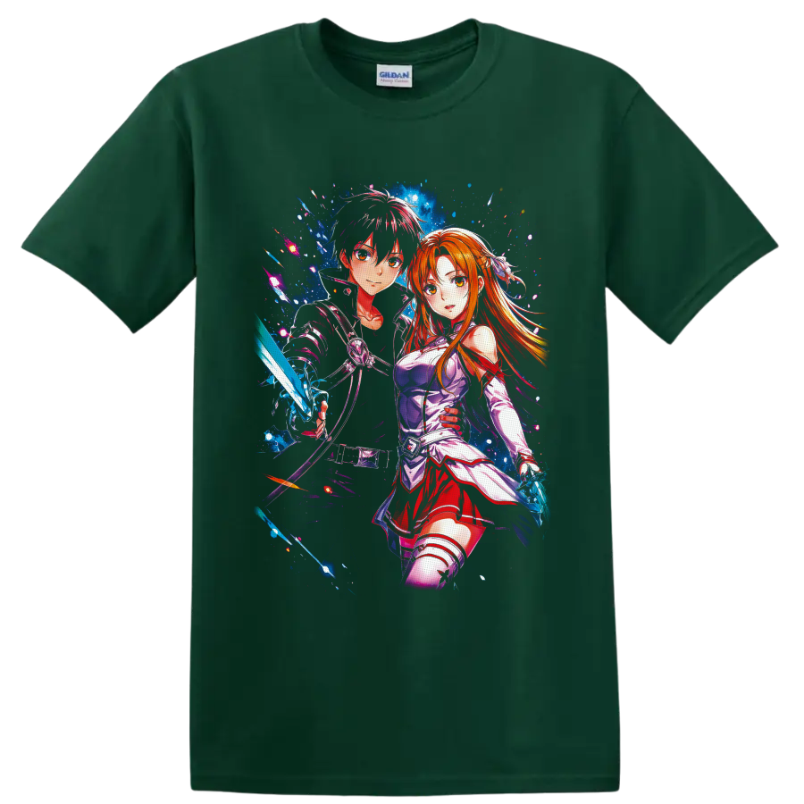 Kirito and Asuna Yuuki anime art with glowing swords and cosmic blue effects on a Forest Green T Shirt