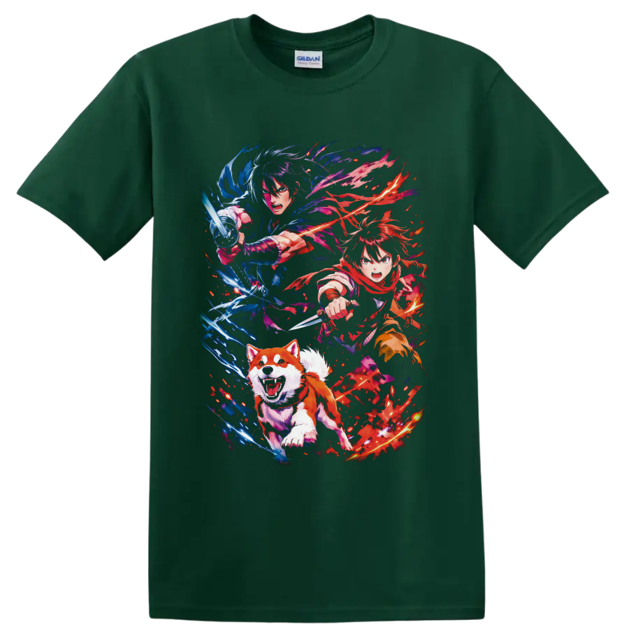 Ginga Nagareboshi Gin anime warriors and charging dog with blue and red energy on a Forest Green T Shirt