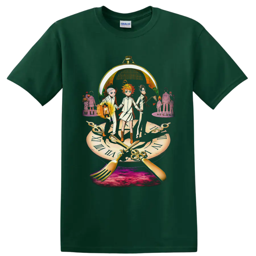 Emma, Norman and Ray beneath a golden pocket watch in dramatic anime clock art on a Forest Green T Shirt