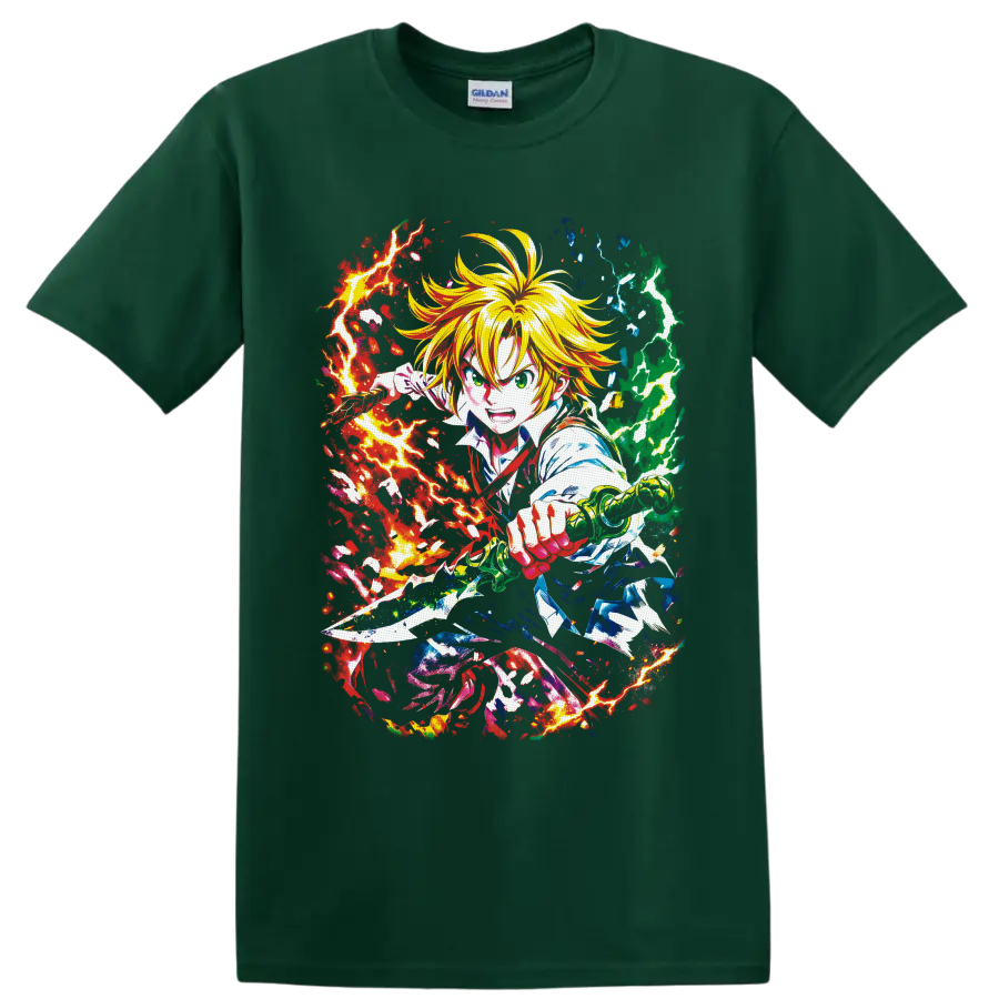 Meliodas with sword amid red, green, and blue lightning in dynamic anime battle art on a Forest Green T Shirt
