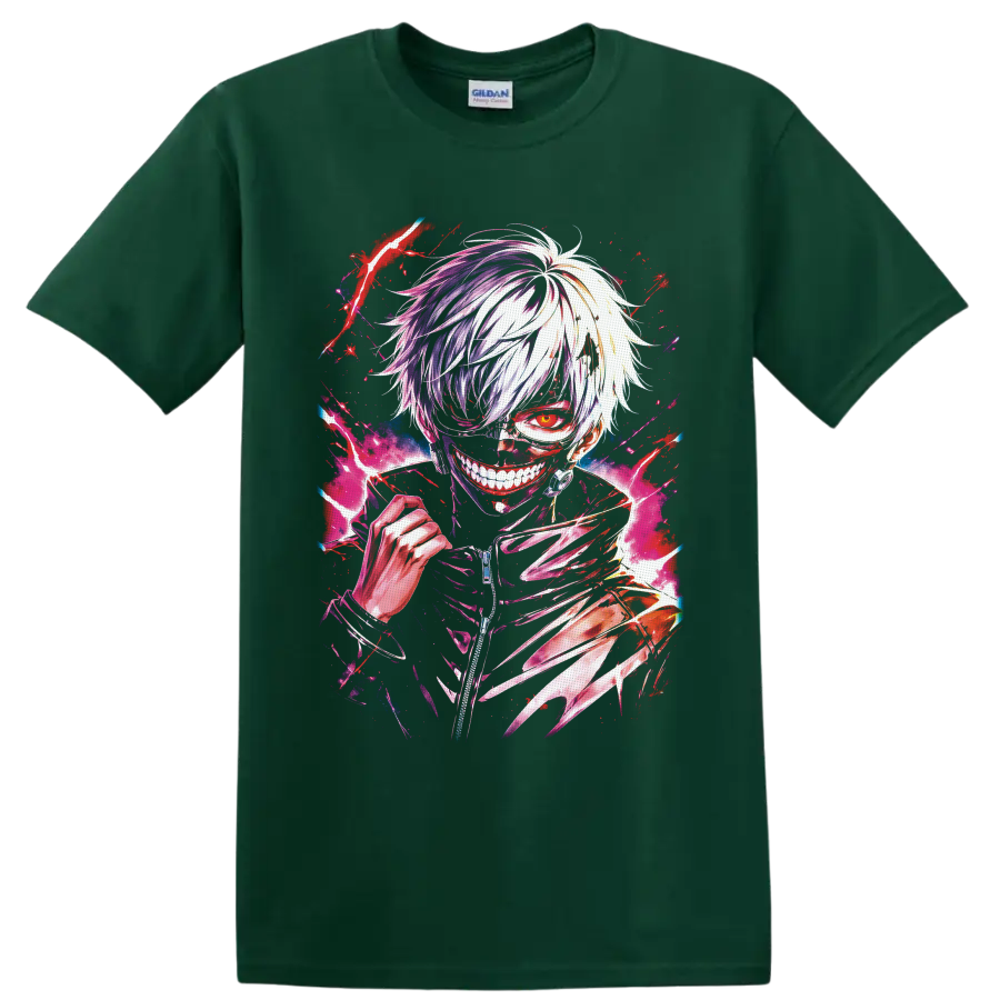 Ken Kaneki Tokyo Ghoul anime portrait with red eye, masked grin, and kagune claws on a Forest Green T Shirt
