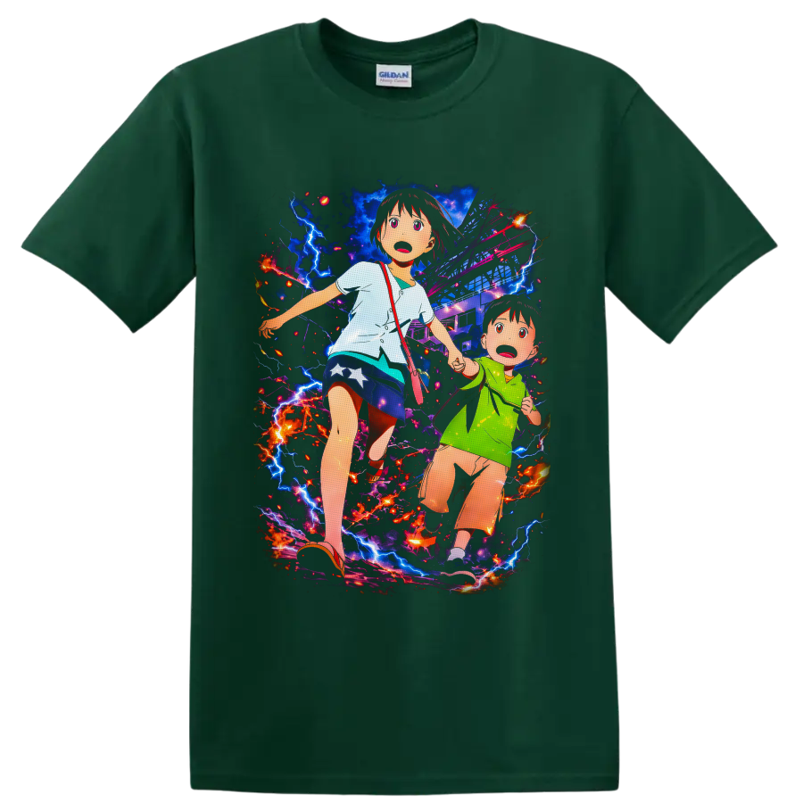 Mirai and Yuuki anime disaster scene with lightning, sparks, and a damaged city on a Forest Green T Shirt