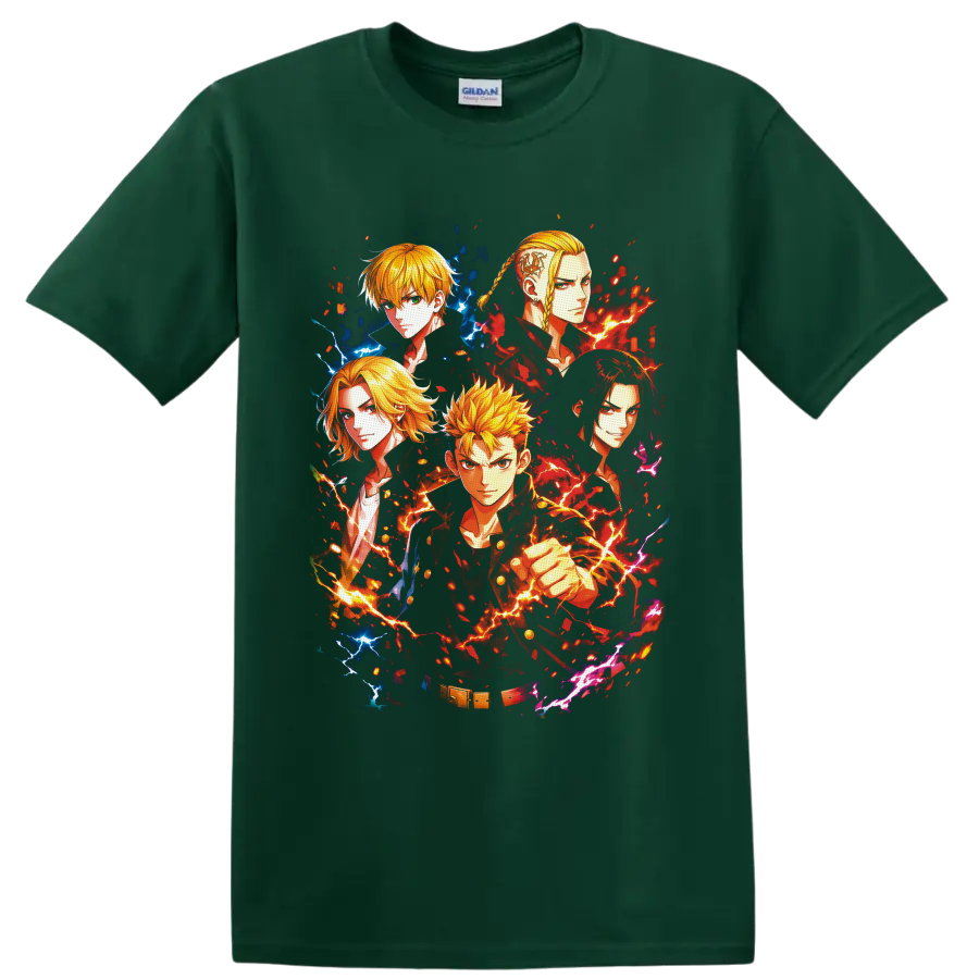 Tokyo Revengers character collage with Takemichi, Mikey, Draken, and fiery lightning on a Forest Green T Shirt