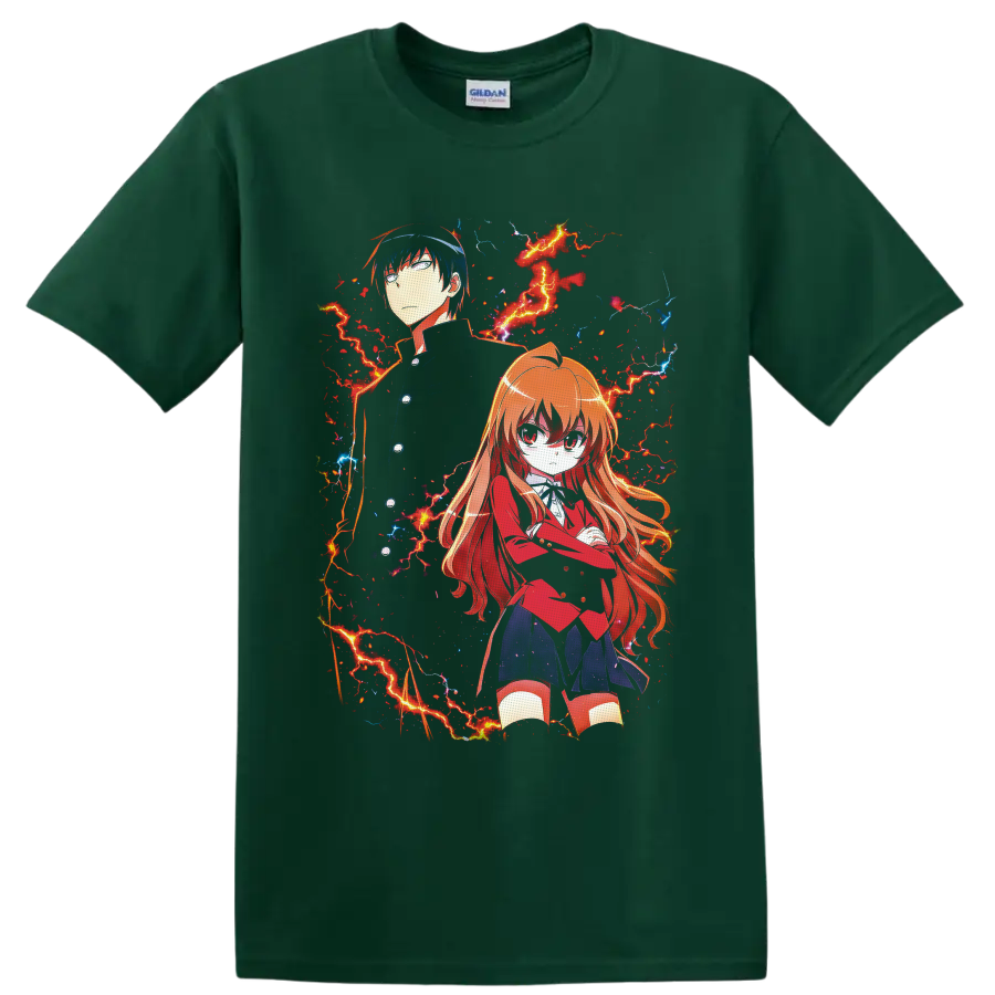 Taiga Aisaka and Ryuji Takasu anime art with red and blue lightning on a Forest Green T Shirt