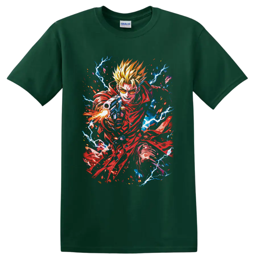 Vash the Stampede in red coat with gunfire, lightning, and vivid anime action art on a Forest Green T Shirt