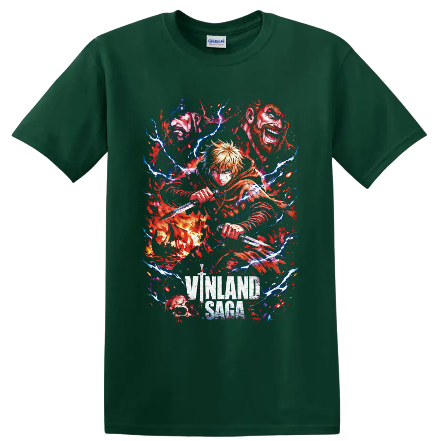 Vinland Saga Thorfinn, Thors and Askeladd anime warrior collage with lightning on a Forest Green T Shirt