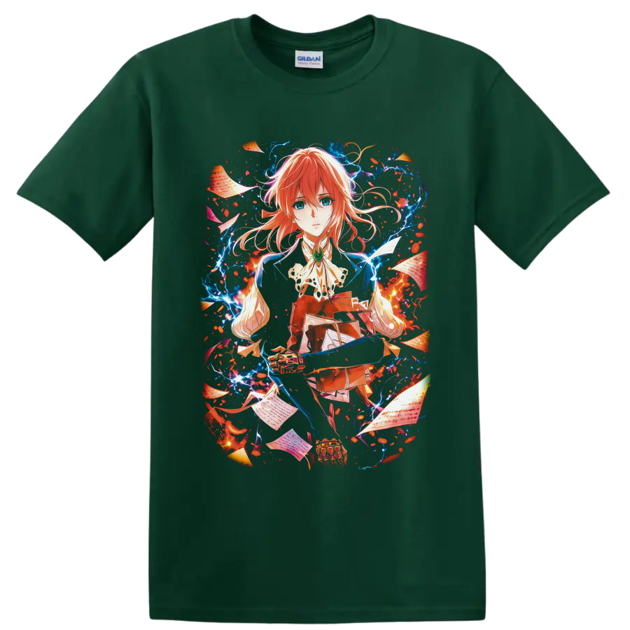 Violet Evergarden anime portrait with floating letters, petals, and glowing blue energy on a Forest Green T Shirt