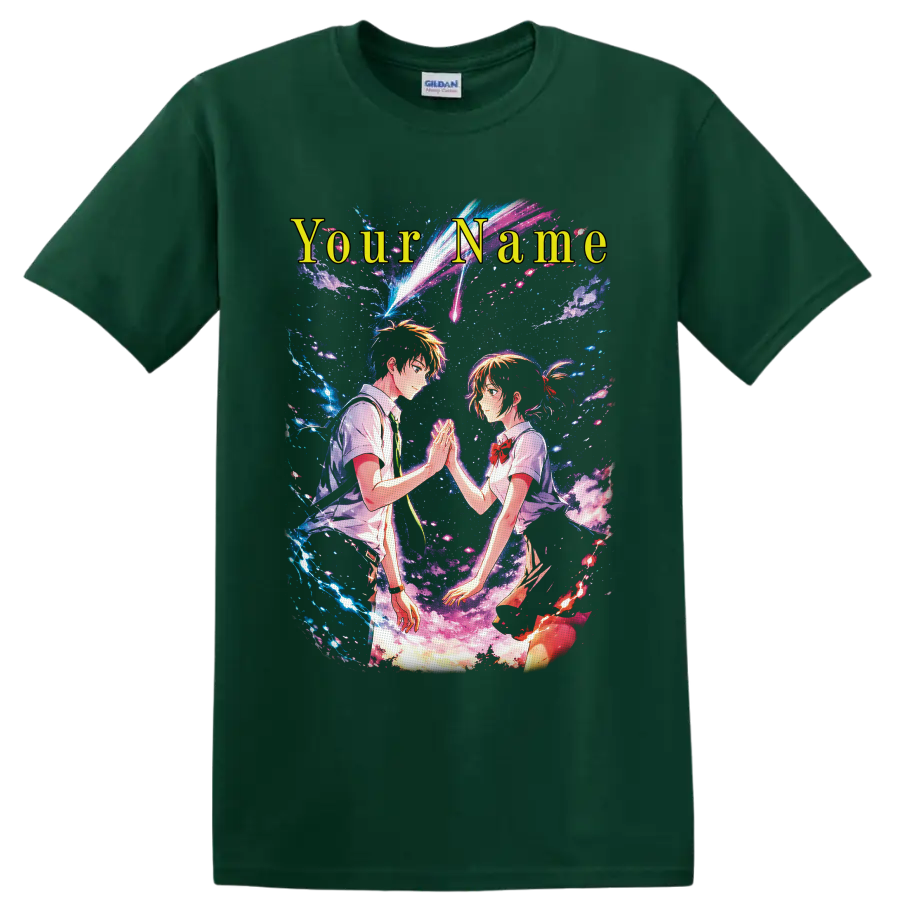 Yoshiki and Hikaru cosmic anime crossover with Your Name text and comet trails on a Forest Green T Shirt