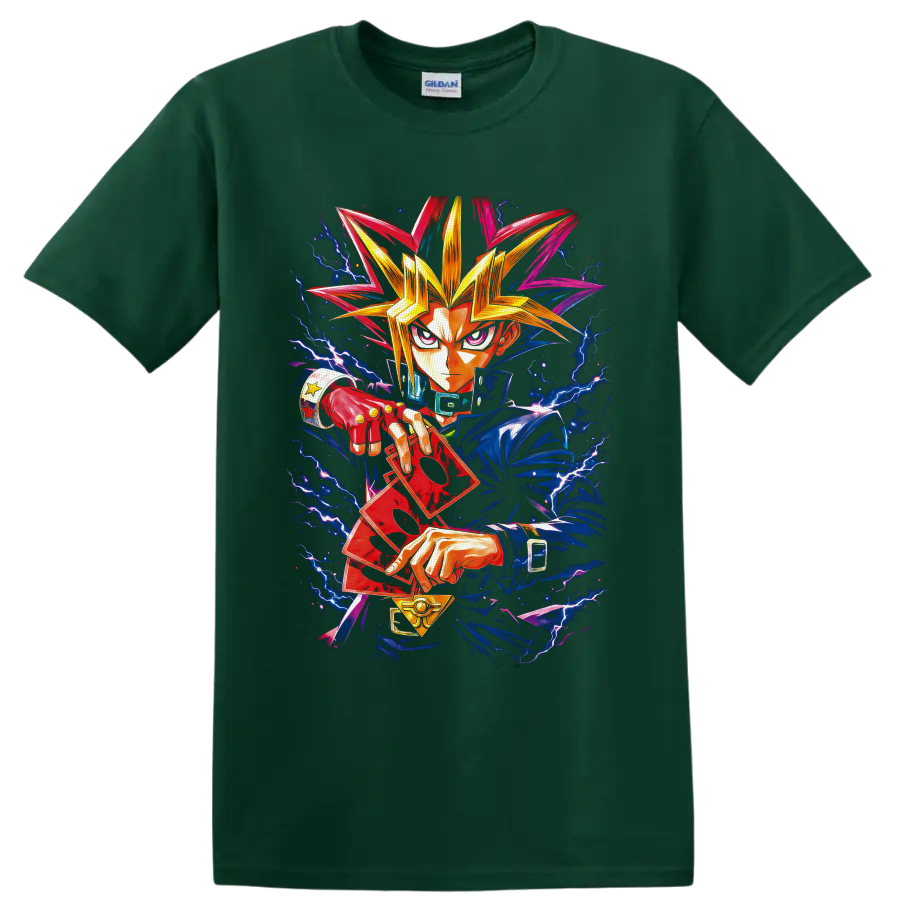 Yami Yugi with red duel cards, golden pendant, and electric lightning anime art on a Forest Green T Shirt