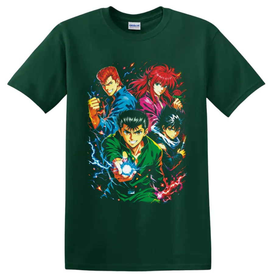 YuYu Hakusho team anime collage with Yusuke, Kuwabara, Kurama, Hiei and electric energy on a Forest Green T Shirt