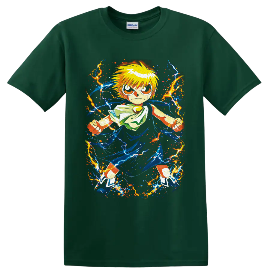 Zatch Bell anime hero surrounded by blue energy ribbons and orange lightning on a Forest Green T Shirt