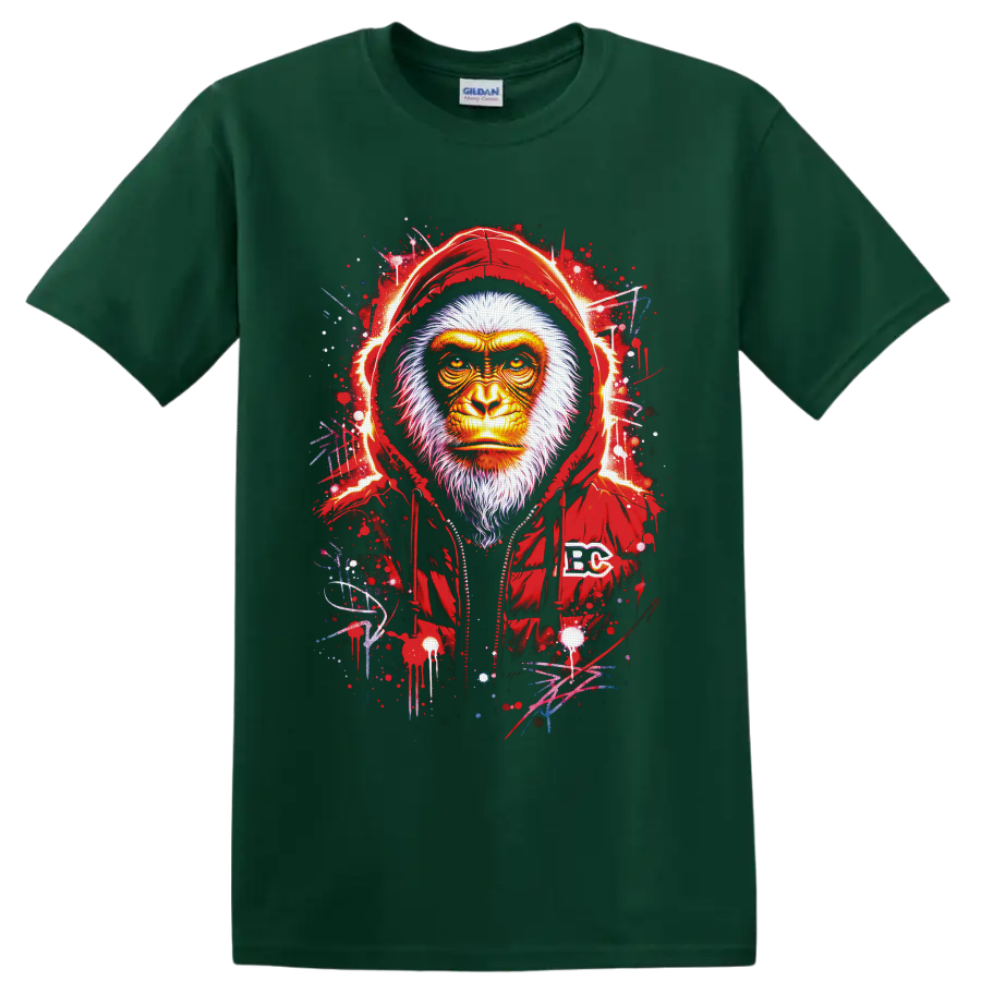 Fierce hooded gorilla portrait with paint splatters and graffiti-style strokes on a Forest Green T Shirt