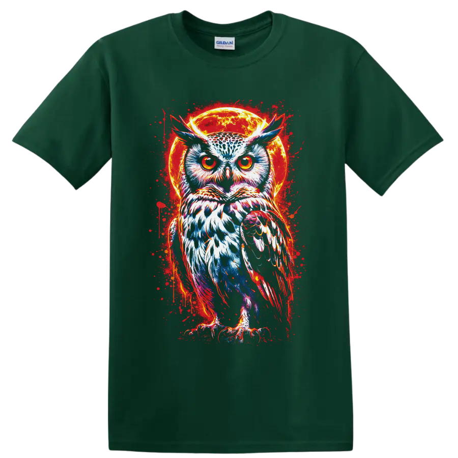 Neon owl with fiery eyes before a glowing moon in vivid gothic splatter art on a Forest Green T Shirt