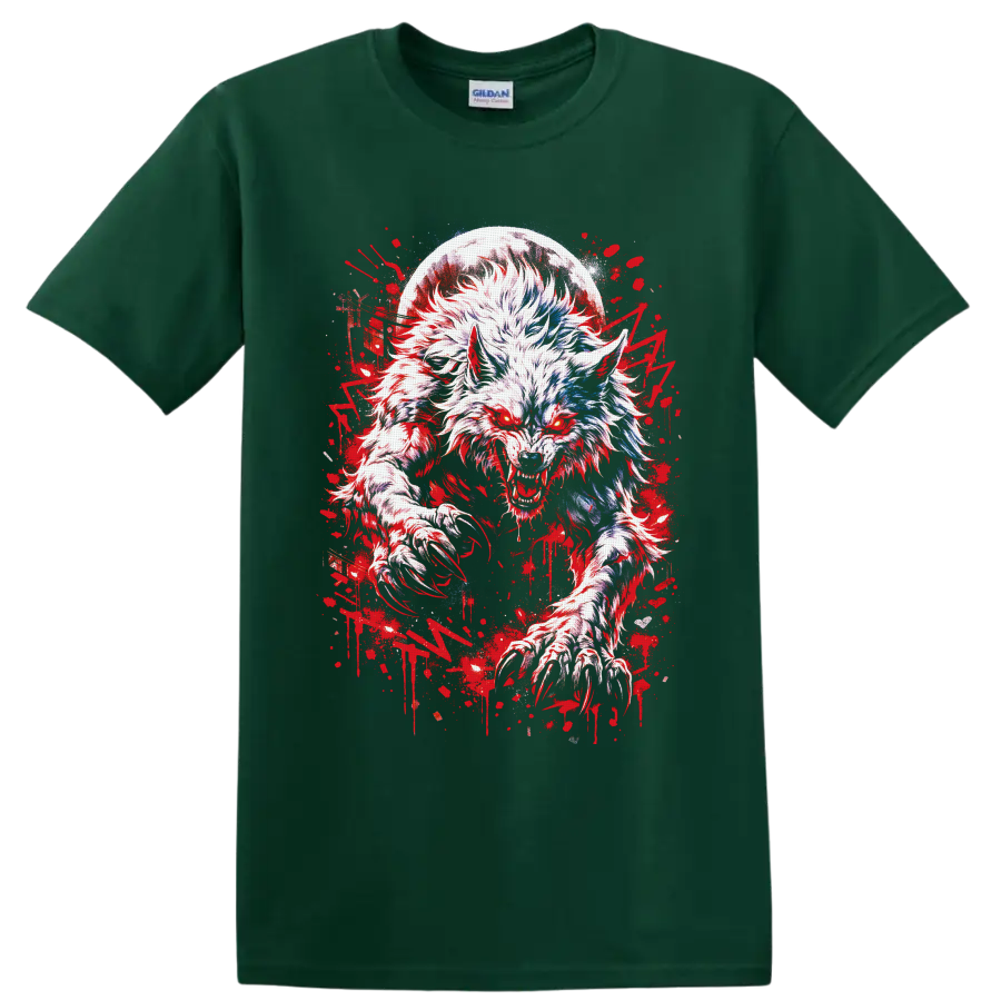 Snarling werewolf beneath a full moon in red splatter gothic horror art on a Forest Green T Shirt