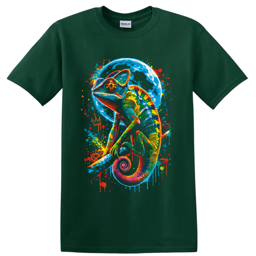 Colorful chameleon with blue moon backdrop and vibrant paint-splatter graffiti art on a Forest Green T Shirt