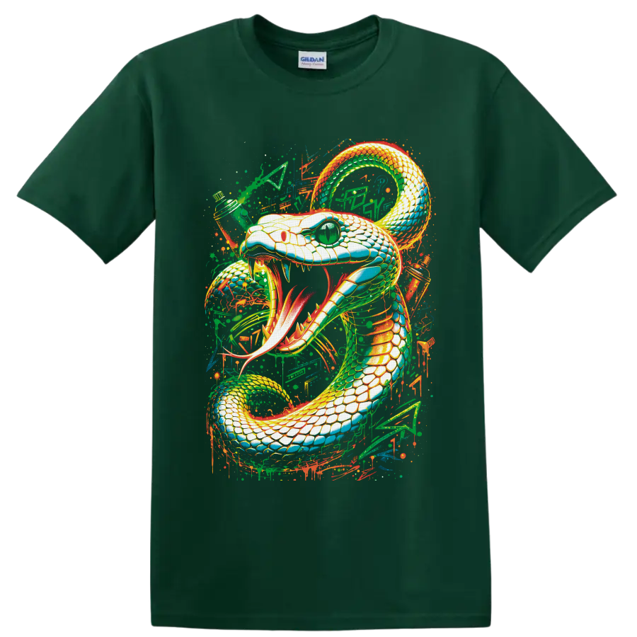 Neon graffiti-style coiled cobra with fangs, green eye, and paint splatters on a Forest Green T Shirt