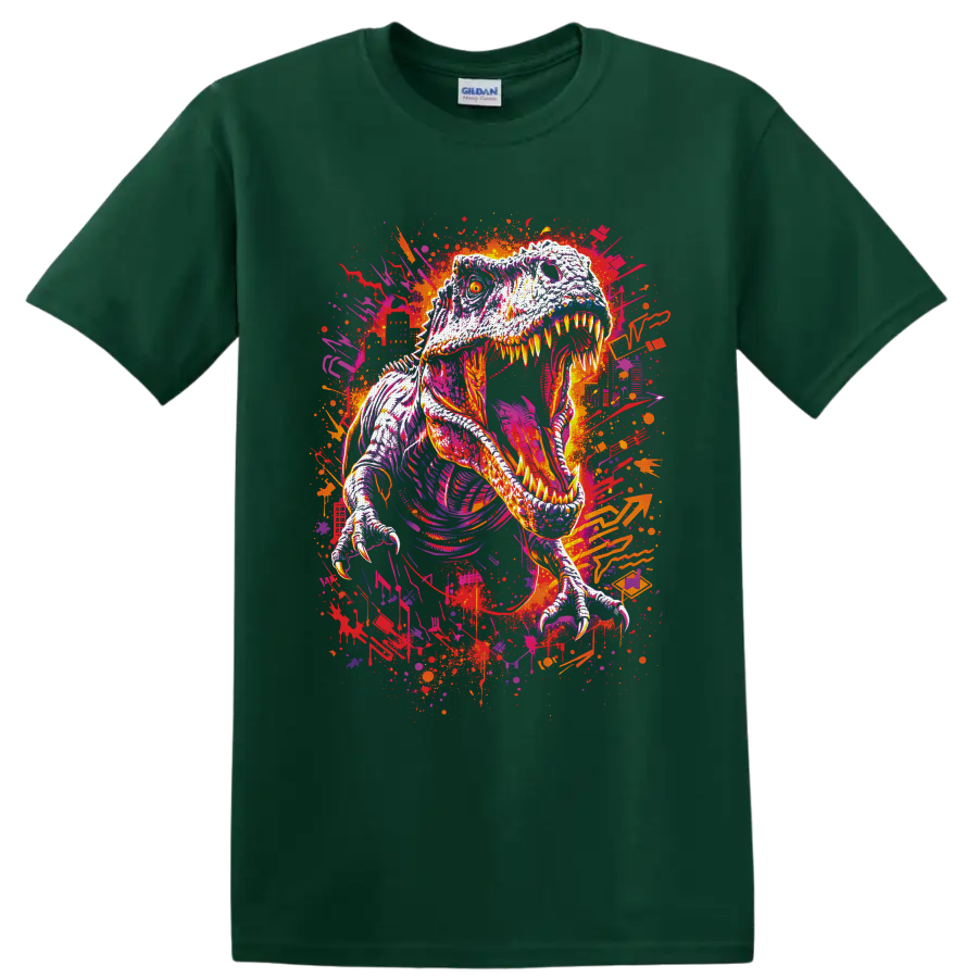 Roaring Tyrannosaurus rex in neon graffiti art with paint splatters on a Forest Green T Shirt