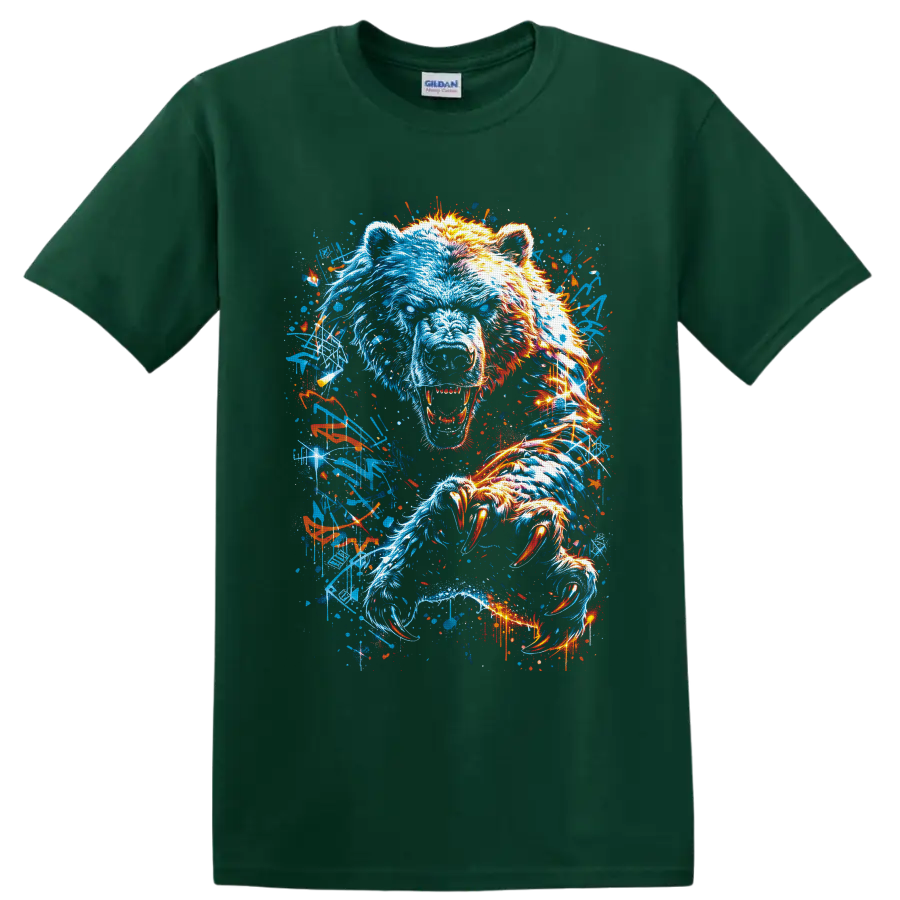 Roaring polar bear with neon blue and orange graffiti-style claws on a Forest Green T Shirt