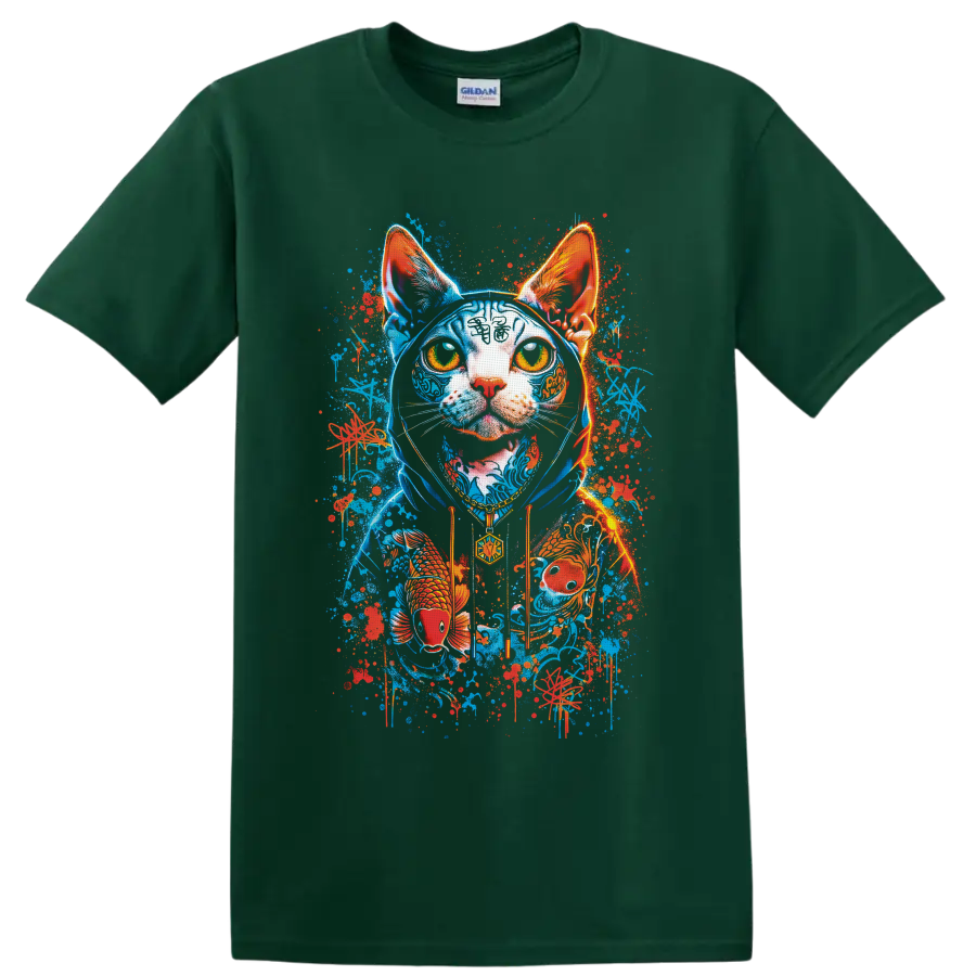 Neon graffiti hairless cat portrait with koi fish, waves, and paint splatters on a Forest Green T Shirt
