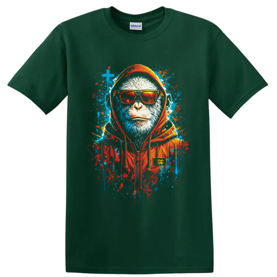 Monkey in red sunglasses and orange headphones with blue and red graffiti splatters on a Forest Green T Shirt